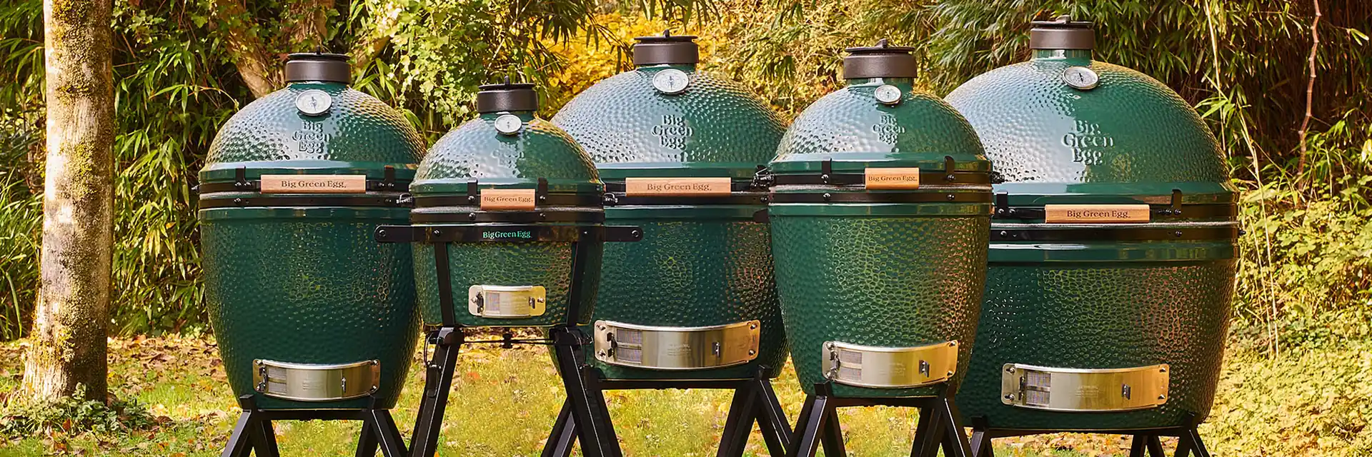 Five Big Green Egg kamado grills in different sizes lined up on a garden lawn with autumn foliage behind